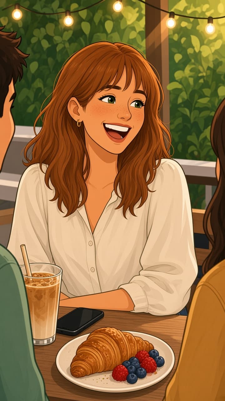 Sofia laughing with two friends at an outdoor café table under string lights